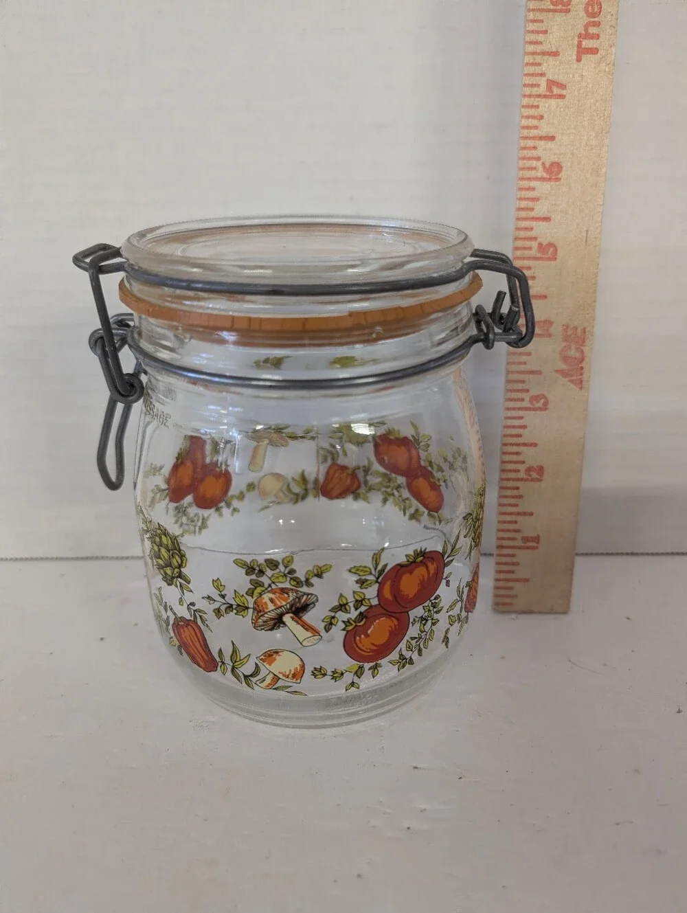 Vintage Storage Glass Jar with Orange Fruit & Mushroom Motif